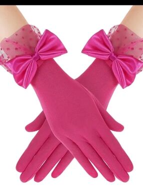 Deep Pink Or Rose Red (?) Mesh Gloves W/ Satin Bow & Swiss Dot Wrist Ruffle (OS)
